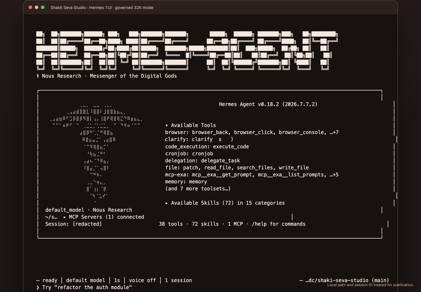 Hermes terminal interface running the Shakti local research edition